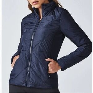 Fabletics Sedona Puffer Perforated Quilted Navy Jacket Small with Packable Hood